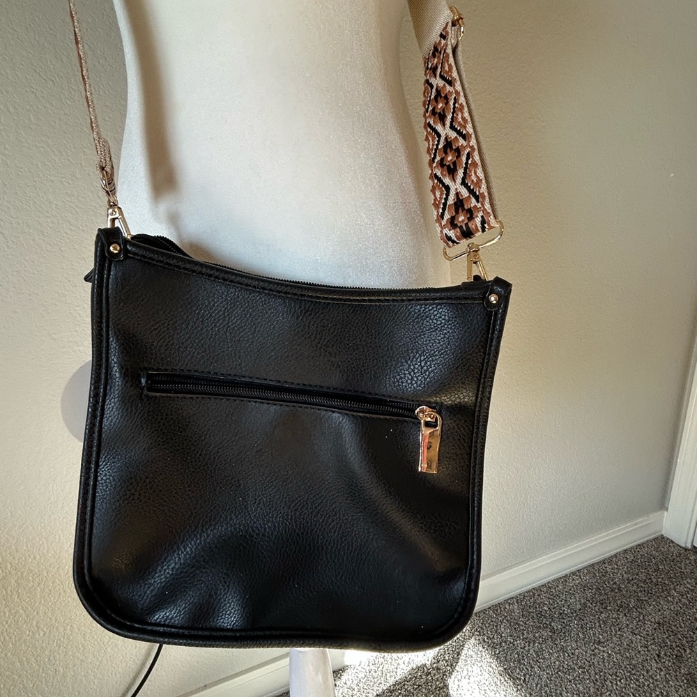 Black Crossbody Bag with Patterned Strap